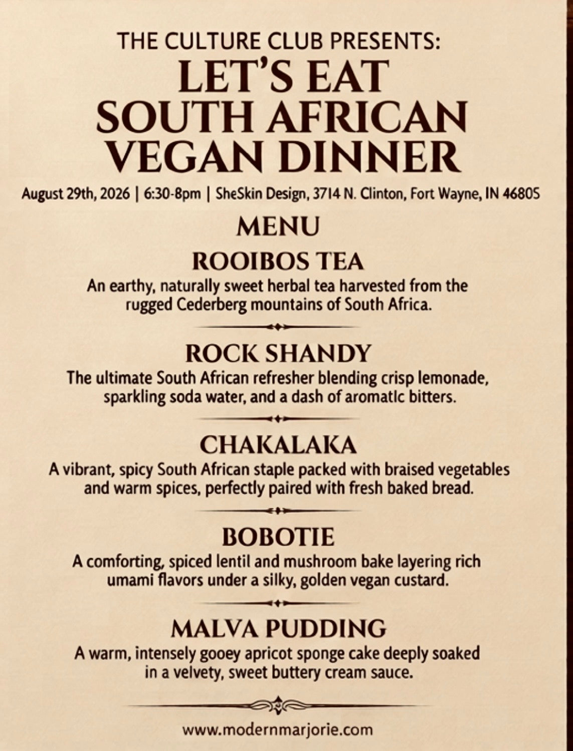The Culture Club Presents: Let's Eat South African Vegan Dinner menu