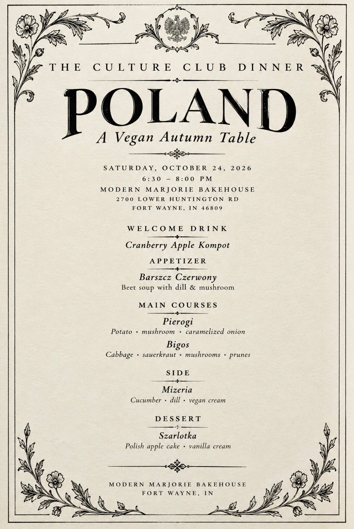 Poland, A Vegan Autumn Table Culture Club Dinner menu for October 24, 2026
